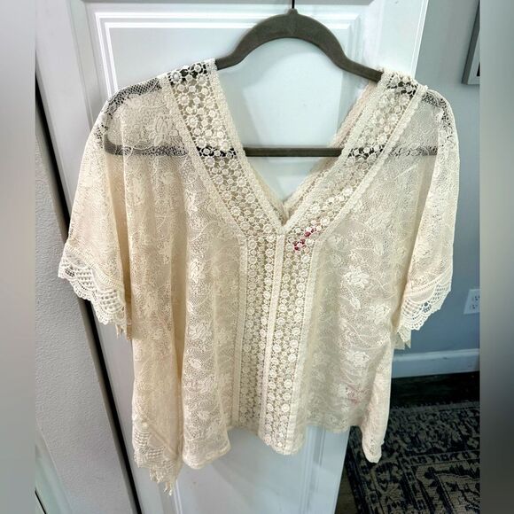 Candies Women Blouse Kimono Embroidered Lace Stretch Beige Ivory size small - Picture 3 of 6